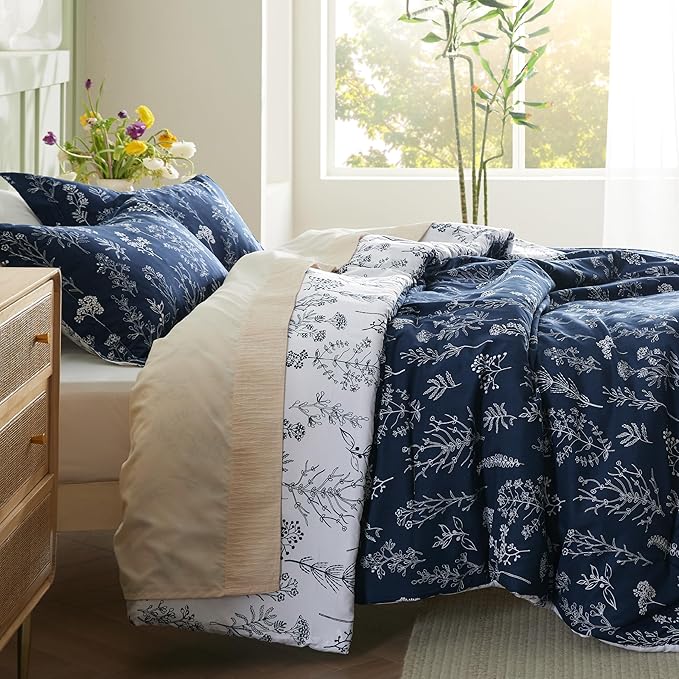 Bedsure Duvet Cover Queen Size - Reversible Navy Blue Queen Duvet Cover Set with Zipper Closure, 3 Pieces Floral Patterned Bedding Set with 8 Corner Ties and 2 Pillow Shams