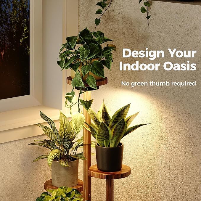 Bamworld Plant Stand Indoor with Grow Lights Plant Shelf 4 Tier Wood Plant Stand for Multiple Plants Tall Corner Plant Stands for Outdoor Round Flower Stand Plant Holder for Living Room Patio Garden Balcony