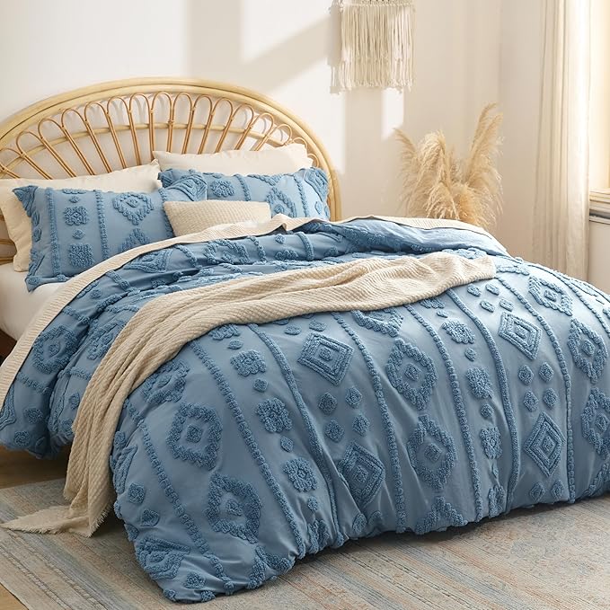 Bedsure Boho Duvet Cover Queen Size - Dusty Blue Tufted Boho Bedding, Farmhouse Shabby Chic Embroidery Bedding for All Seasons, 3 Pieces, 1 Soft Jacquard Queen Comforter Cover and 2 Pillow Shams