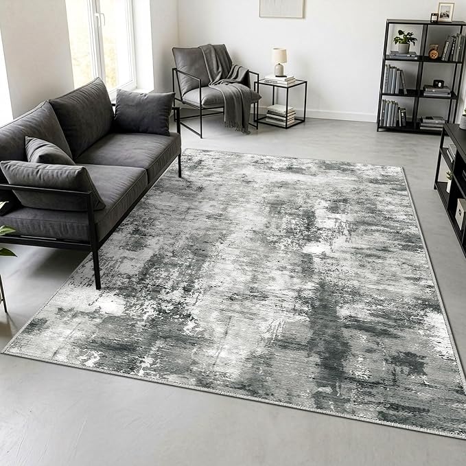 Merelax Washable Area Rugs 5'x8' Grey Abstract Rug for Living Room Bedroom Entryway Nursery, Dining Room and Farmhouse Rug, Non-Slip Modern Indoor Low Pile Soft Floor Carpet, Gray Print Pattern