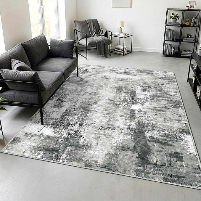 Merelax Washable Area Rugs 8'x10' Grey Abstract Rug for Living Room Bedroom Entryway Nursery, Dining Room and Farmhouse Rug, Non-Slip Modern Indoor Low Pile Soft Floor Carpet, Gray Print Pattern