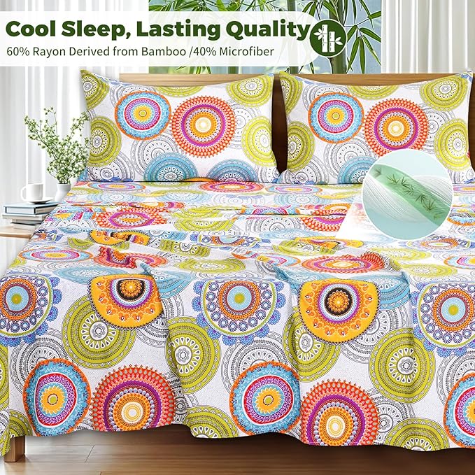 Bedlifes Extra Deep Pocket 18-24" King 4-Piece Sheet Set - Cooling Sheets Blend Rayon Derived from Bamboo Soft & Breathable,Featuring Mandala Patterned