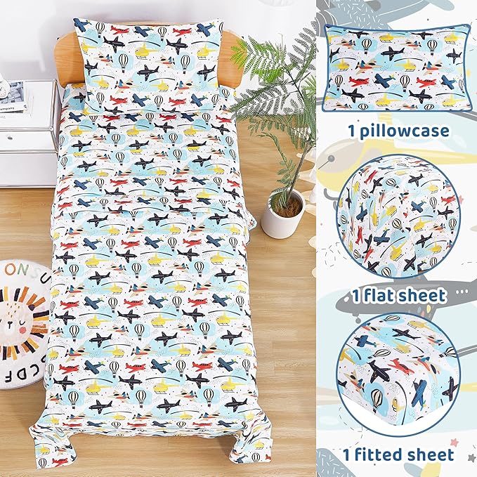 Viviland 3 Pieces Boys Plane Twin Sheet Set - Soft Microfiber Fitted Flat Sheets & Pillowcase - Hot Air Balloon Print Bedding Sets - for Kids & Toddlers