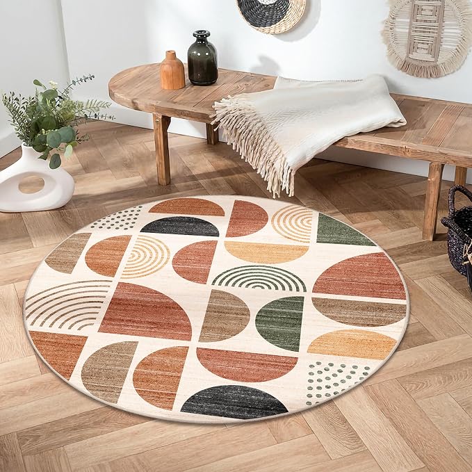 MUJOO Round Rug 4ft,Small Circle Area Rug Washable,Circular Rugs for Entryway Bedroom Kitchen,Boho Non Slip Throw Floor Carpet Modern Abstract Bohemian Terracotta
