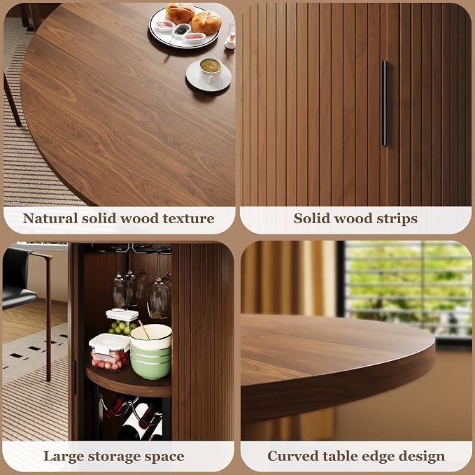 Wildhome Round Dining Table for 2-4, 31 Inch Dining Room Kitchen Table with 2-Tier Storage Shelf & Wine Rack, Modern Farmhouse Fluted Wood Slide Door Dinner Furniture,Circle(Non scalable-32 In-Walnut)