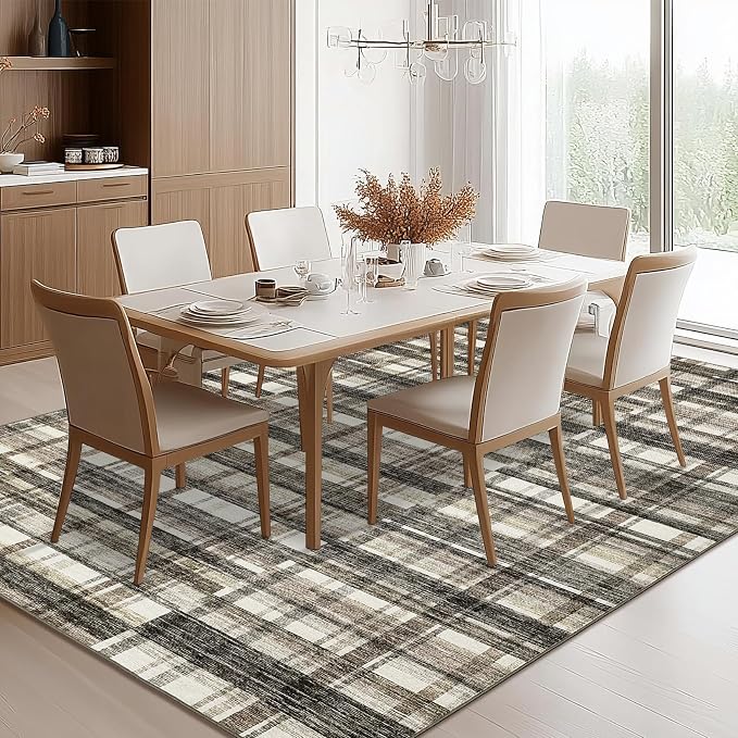 Modern Area Rug 8x10 Rug for Living Room Washable Rug Non Slip Geometric Plaid Throw Rugs Rustic Large Area Rug Low Pile Bedroom Rugs Stain Resistant Carpet for Classroom Office Beige 8'x10'