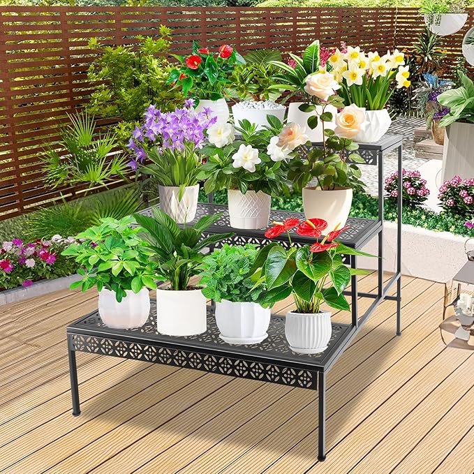 3 Tier Metal Plant Stand, Ladder Flower Pot Holder Plant Stands, Tiered Plant Stand Outdoor Storage Organizer Rack for Home Garden Patio Balcony