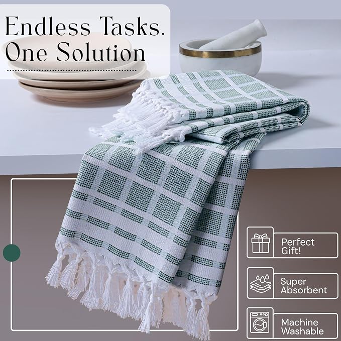 Matrix Dobby Kitchen Towels 12 Pack, 100% Cotton, 16x26 Inches, Reusable Dish Towels with Handmade Tassels, Washable Absorbent Tea Cloths for Cleaning, Cooking - Forest Green, White