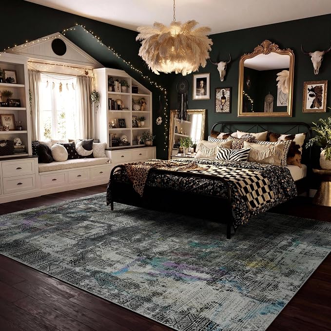Kokia Abstract Area Rugs 8x10 Bedroom Soft Living Room Black-Gray Rugs Washable Distressed Vintage Comfy Carpet with Non-Slip Backing for Farmhouse Home Office Room Decor