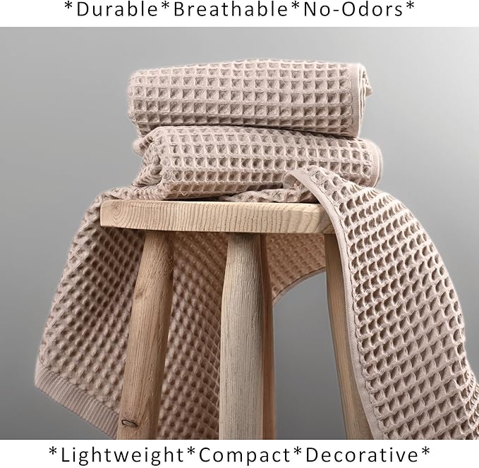 PÜSKÜL Natural 100% Turkish Cotton Waffle Kitchen Towels Set of 3 | Oeko-Tex, Premium Waffle Hand Towels for Bathroom | Soft Absorbent Quick-Dry Lint-Free Dish Towel Large 32x16 inch (3, Beige)
