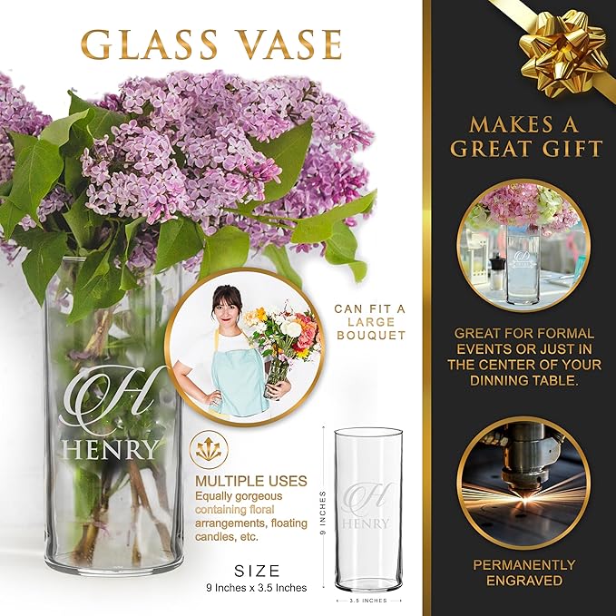 My Personal Memories Custom Etched Glass Flower Vase - Personalized with Your Text for Weddings, Valentine's, Mother's Day, Couples, Anniversaries, Birthdays, Gifts (Name and Initial Style)