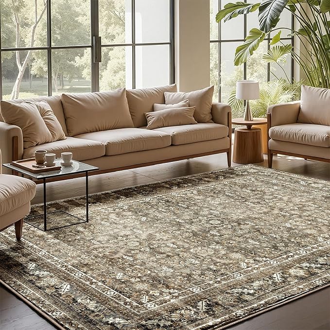 OPPODREAM Vintage Brown Area Rugs 6x9, 6 x 9 Retro Washable Rug Non Slip, Low-Pile Faux Wool Carpet, Distressed Floor Mat for Living Room, Bedroom, Kitchen, Office, Dorm, Dinning Room