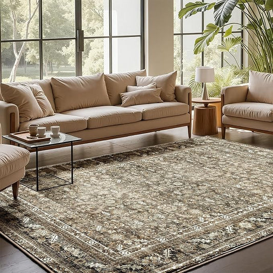 OPPODREAM Vintage Brown Area Rugs 6x9, 6 x 9 Retro Washable Rug Non Slip, Low-Pile Faux Wool Carpet, Distressed Floor Mat for Living Room, Bedroom, Kitchen, Office, Dorm, Dinning Room