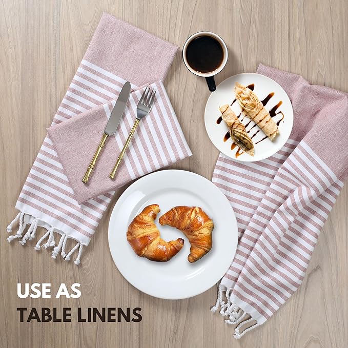 Turkish Kitchen Towels 18x26 Inches with Tassels - 4 Pack - Absorbent, Durable, Soft 100% Cotton Dish Towels for Drying & Cleaning - Machine Washable, Quick Dry - Rust