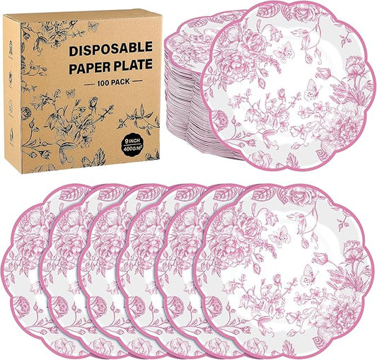 100 Pieces Pink Floral Paper Plates 9 Inches Disposable Pink and White Flower Scalloped Plates Vintage Floral Dinner Dessert Decorative Plate for Wedding Baby Shower Birthday Party Supplies