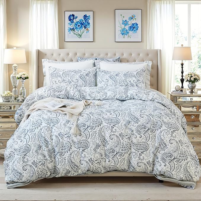 100% Cotton Duvet Cover Sets King Size, 3 Pieces Reversible Soft Bedding Sets,Blue Floral Paisley Comforter Cover, Breathable, Lightweight, All Season
