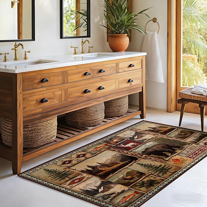 Rustic Lodge Bear Moose Deer Rugs for Entryway 3x5, Farmhouse Cabin Door Mats Indoor Entrance for Entryway Bedroom Dining Room, Non-Slip Machine Washable Indoor Entry Rug Doormat Carpet
