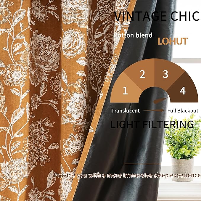 Vintage Orange Peony Floral Blackout Curtains - Cotton Blend Light Blocking Drapes with Grommet Top for Bedroom, Living Room & Office, Boho Home Decor, 52W x 63L