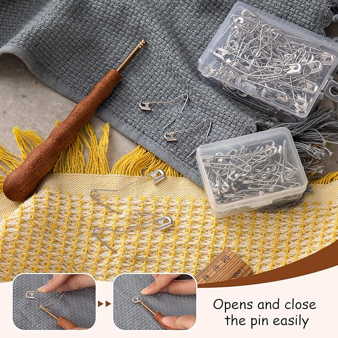 Threlaco Pin Basting Tool Set with 1 Pcs Pin Basting Tool and 100 Pcs 1.5 Inch and 2 Inch Curved Quilting Pins Bent Sewing Safety Pins Handcrafted Sewing Tools for Quilting Knitting Crafting