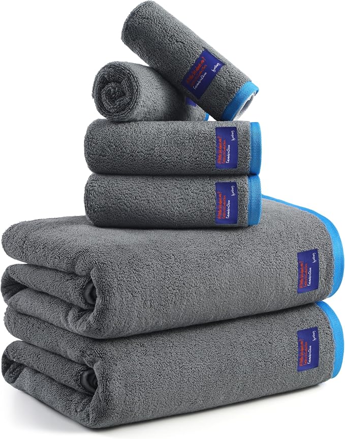 REDKISS 6 Piece Bath Towel Set, 100% Cotton, Soft Absorbent 600 GSM | Includes 2 Bath Towels, 2 Hand Towels & 2 Washcloths | Quick Dry | Contrast Border Design | Bathroom | Guest Bath & Apartment