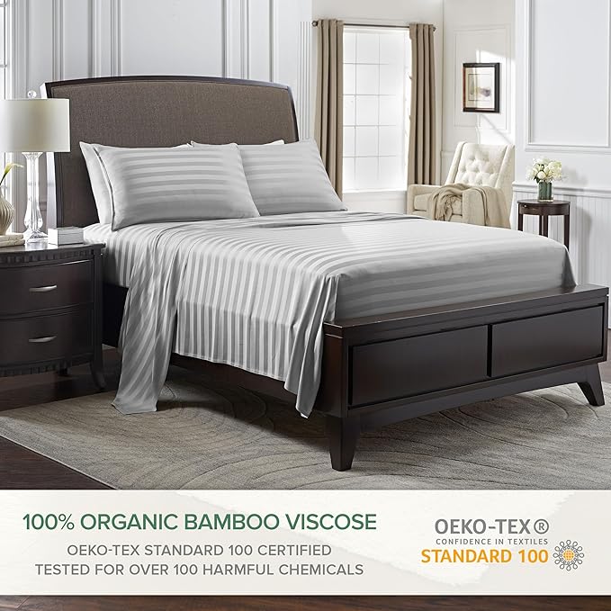Pure Bamboo Full Sheets, Genuine 100% Organic Viscose Derived from Bamboo Bed Sheet Set, Luxuriously Soft & Cooling, Double Stitching, 2 Year Quality Promise (Full, Jacquard Silver)