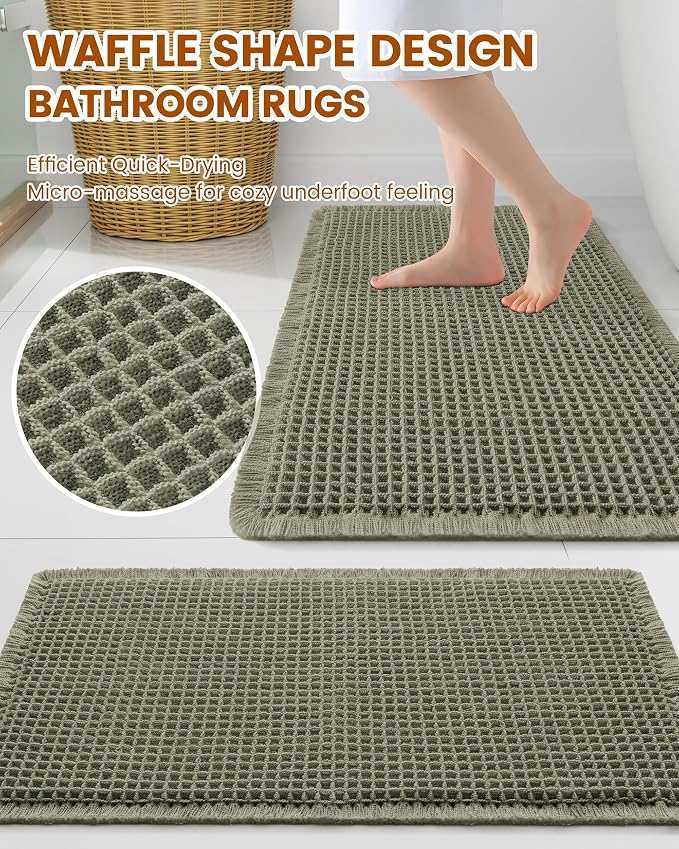Smiry Waffle Bath Mat 24x16, Extra Soft Absorbent Bathroom Rugs, Non Slip Machine Washable Quick Dry Bath Rugs for Bathroom Floor, Tub, Shower, Home Decor Accessories, Green