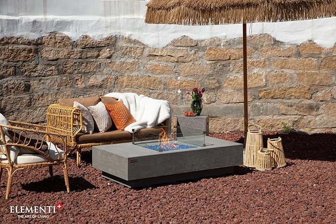 Elementi+ | Monte Carlo Gas Fire Pit Cast Concrete 60" Rectangular Fire Table, Outdoor Fire Pit Electronic Ignition | Canvas Cover, Fire Glass and Burner Lid Included | Light Gray | Natural Gas