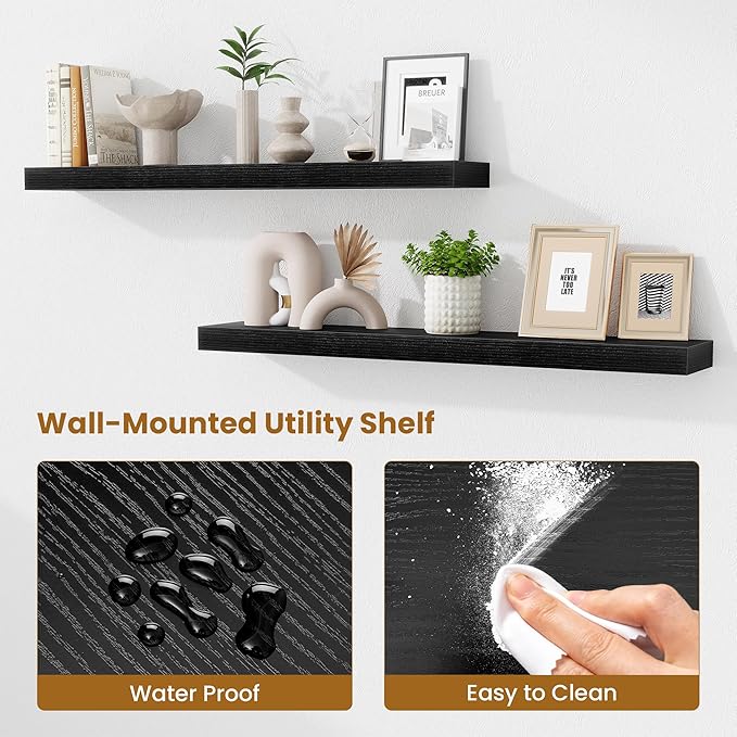 Fun Memories 40 Inch Floating Shelves, Long Wood Wall Shelf Set of 2 with Invisible Brackets, for Bathroom, Living Room, Bedroom, Kitchen, Black
