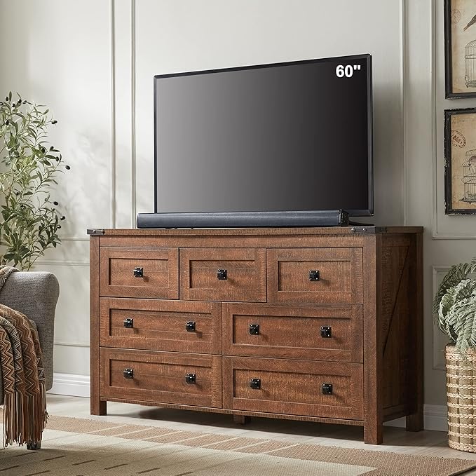 T4TREAM Farmhouse 7 Drawers Dresser for Bedroom, Wood Rustic Dresser Tv Stand, Storage Dressers Organizer for Bedroom, Living Room,Hallway, Reclaimed Barnwood