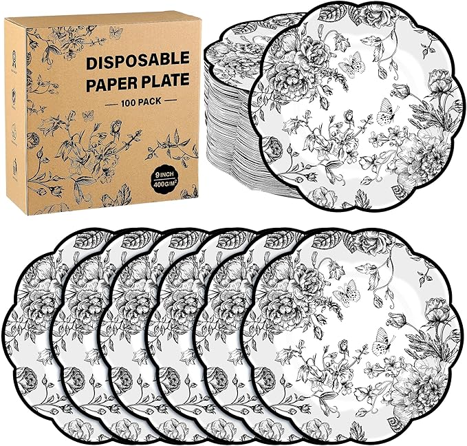 100 Pieces Black Floral Paper Plates 9 Inches Disposable Black and White Flower Scalloped Plates Vintage Floral Dinner Dessert Decorative Plate for Wedding Baby Shower Birthday Party Supplies