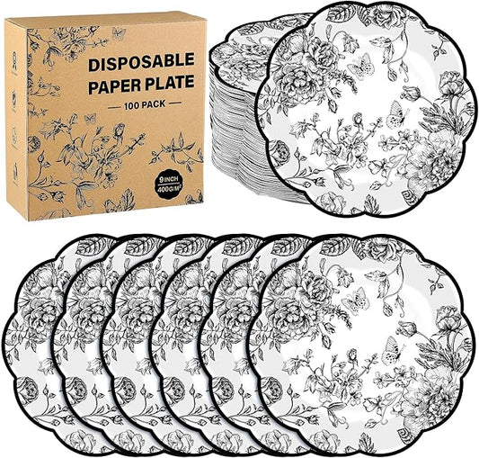 100 Pieces Black Floral Paper Plates 9 Inches Disposable Black and White Flower Scalloped Plates Vintage Floral Dinner Dessert Decorative Plate for Wedding Baby Shower Birthday Party Supplies
