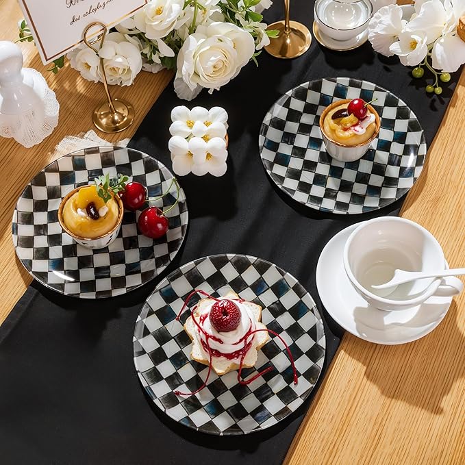 U-QE 20PCS Black Plastic Plates for Party - Retro Checkered Plates Disposable Heavy Duty - Black and White Plate for Party, Birthdays - 10 10.25 Inch Dinner and 10 7.5 Inch Dessert Plate