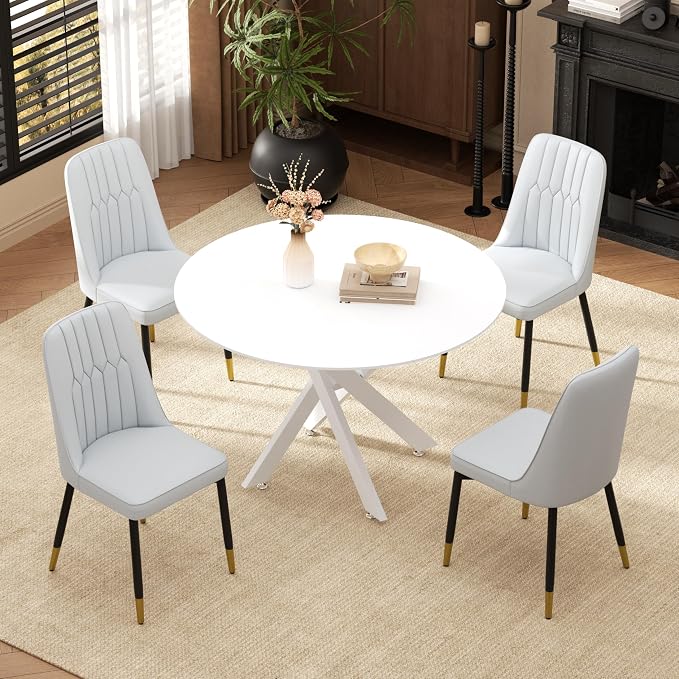 RGZ Mid Century White Round Dining Table Set for 4, 36" Small Wooden Circle Kitchen Table & 4 Light Gray PU Leather Kitchen Chairs, Dinner Table Set for Home, Apartment, Dining Room