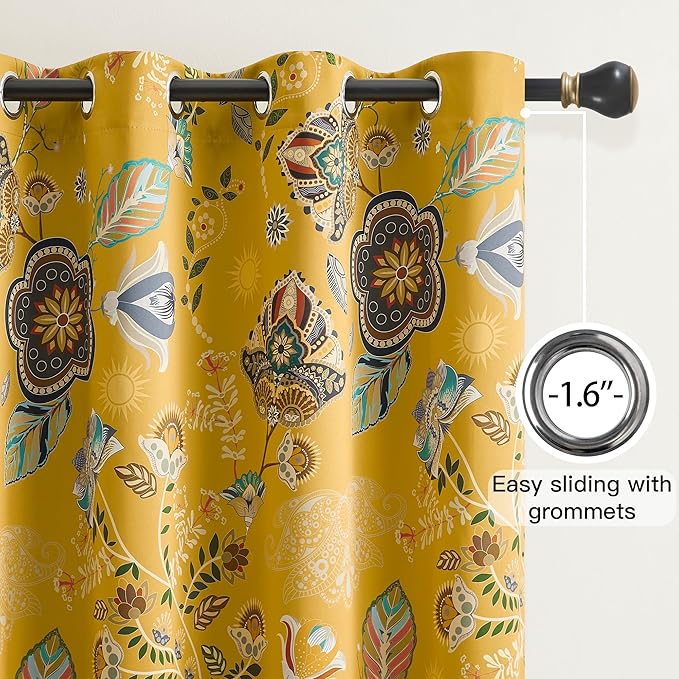 XiDi Mustard Yellow Blackout Curtains 96 Inches Long 2 Panels for Bedroom Vintage Floral Patterned Curtains Botanical Luxury Modern Living Room Dining Room Darkening Privacy Grommet Drapes 52x96 8ft