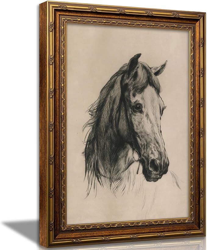 Vintage Gold Framed Horse Sketch Canvas Wall Art Retro Horse Wall Decor Vintage Farmhouse Animals Sketch Print Artwork Retro Rustic painting Picture for Farmhouse Bedroom Living Room 16X24in