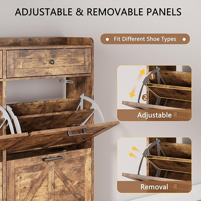 Shoe Cabinet with 4 Flip Drawers & 2 Top Drawers, 43" Tall Freestanding Narrow Wooden Shoe Storage Organizer for Entryway, Hidden Slim Shoe Rack for Front Door Entrance, Hallway, Living Room, Brown
