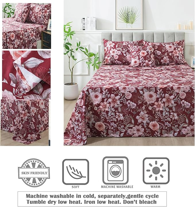 FADFAY Floral Sheets Set King Vintage Red Floral Bedding Shabby Pink Rose Elegant Peony Sheets Rustic Farmhouse Bedding 800 Thread Count 100% Egyptian Cotton Deep Pocket Fitted Sheet 4Pcs, King Size