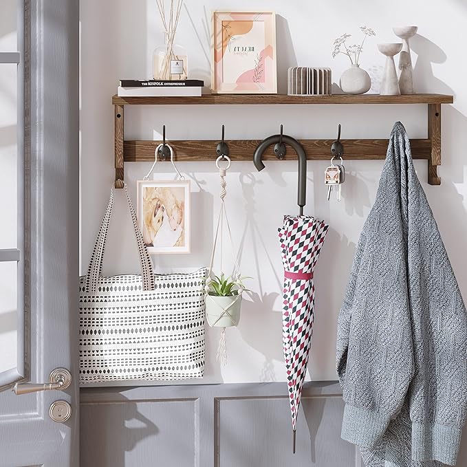 AMBIRD Coat Rack Wall Mount with Shelf, 28.9 Inches Coat Hooks Wall Mounted with 5 Hooks, Wall Hat Hooks for Hanging in Entryway, Living Room, Bathroom, Bedroom (Brown)