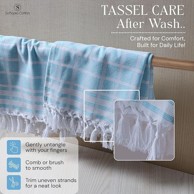 Matrix Dobby Kitchen Towels 12 Pack, 100% Cotton, 16x26 Inches, Handmade Knotted Tassel Tea Towels, Reusable & Absorbent Wash Rags for Drying and Cleaning - Aqua Blue, White