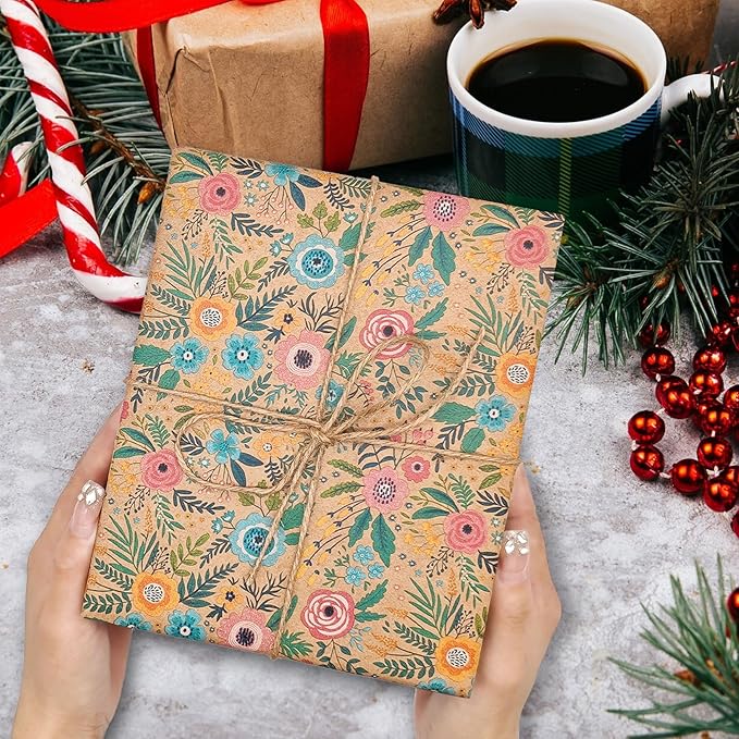 VCOOHM Floral Kraft Wrapping Paper Roll – 17 Inch x 16.4 Feet – Elegant Garden Flower Design – Gift Wrap for Birthday, Wedding, Baby Shower, Bridal Shower and More
