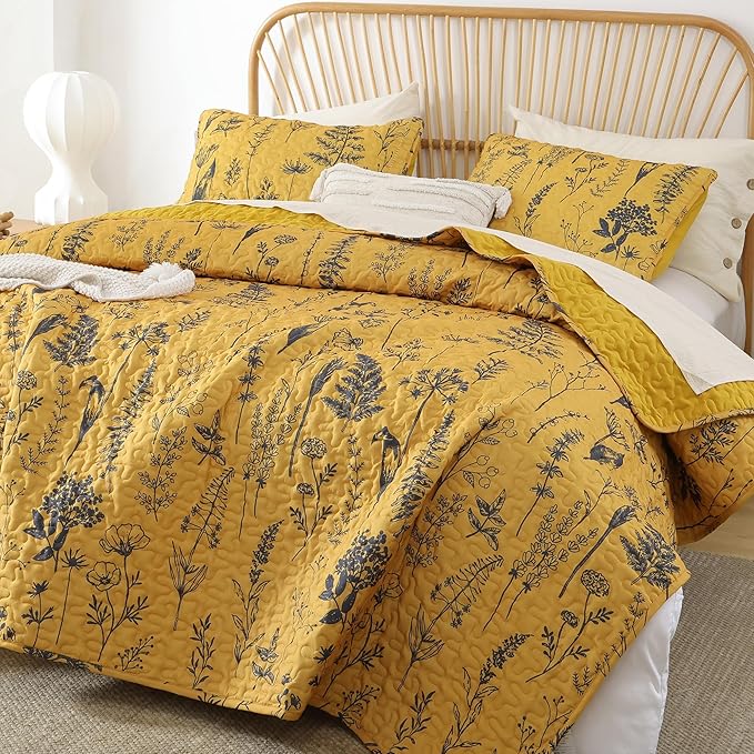 JANZAA King Size Ginger Quilt Bed Spread Boho Quilt Set 3 Pieces Lightweight Comforter Reversible Bedding Set, 1 Quilt 104x90 inches, 2 Pillowcases
