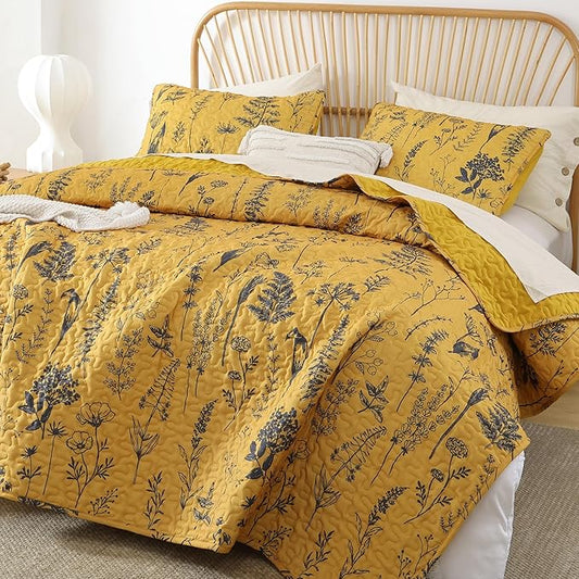 JANZAA Quilts Queen Size Ginger Quilt Botanical with Floral Pattern Microfiber Bedspreads Queen Size 3 Pieces Lightweight Comforter Reversible Bedding Set, 1 Quilt 90x90 inches, 2 Pillowcases