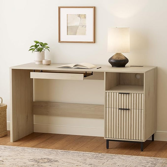 Fluted Executive Desk, 55" Modern Wood Home Office Desk with Charging Station, File Drawer, Open Storage, Computer Writing Desk for Work Study Writing, Light Oak