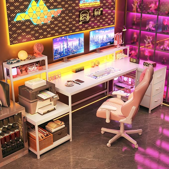 EnHomee 71" L Shaped Gaming Desk with LED Lights, White Computer Desk with Drawers and Printer Shelf, Power Outlet, Reversible Home Office Desks with Storage and Monitor Stand