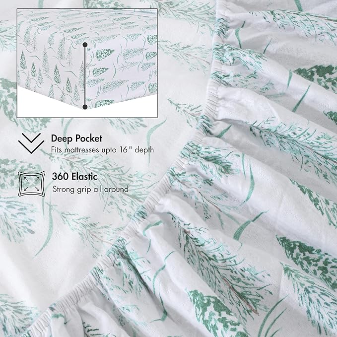 RUVANTI Flannel Sheets Queen Size - 100% Cotton Double Brushed Bed Sheets, Deep Pockets 16 Inches Queen Sheet Set, All Seasons Breathable & Extra Soft - Warm & Cozy, 4 Piece, Alpine Serenity