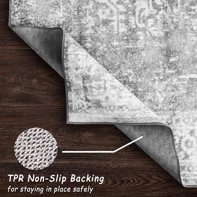 vivorug 6x9 Neutral Area Rugs, Stain Resistant Washable Rug for Living Room, Vintage-Inspired (Ivory/Silver, 6'x9')