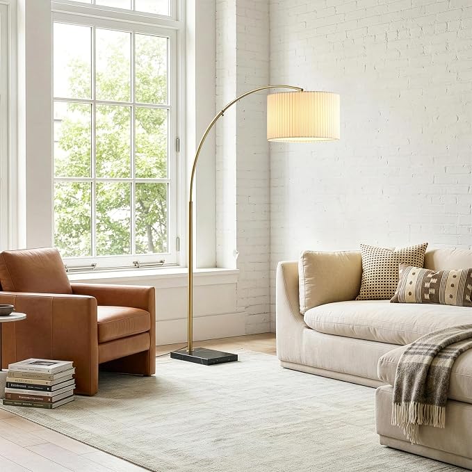 Brightech Logan Arc Floor Lamp, Bright Standing Lamp for Living Rooms, Offices & Bedrooms, Modern Living Room Décor, Tall Hanging Floor Lamp for Reading and More – Gold/Brass with Pleated Shade