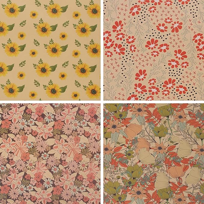 Aimyoo Kraft Floral Wrapping Paper Bundle, Vintage Sunflower Flower Gift Wrap Paper for Wedding Bridal Shower Birthday Rolls of 4, 17 in x 16 ft per Roll