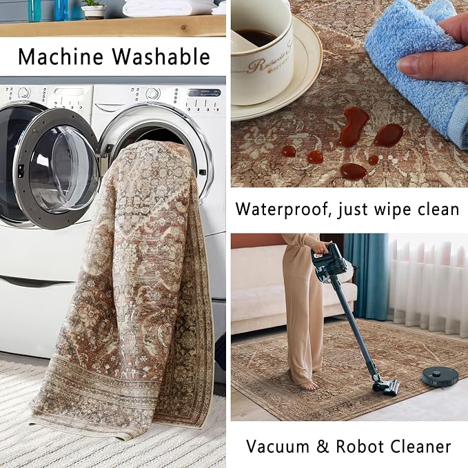 vivorug 5x7 Area Rugs - Ultra-Thin Washable Rug with Non-Slip Backing, Ideal for Living Room, Bedroom, Kitchen Floor Carpet - Vintage, Easy Clean, Durable, Brown