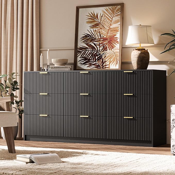 3-Piece Dresser Bedroom Set, 9 Drawer Dresser & 3 Drawer Nightstands with Gold Handles, Fluted Wood Chest of Drawers for Bedroom, Living Room, Entryway, Black